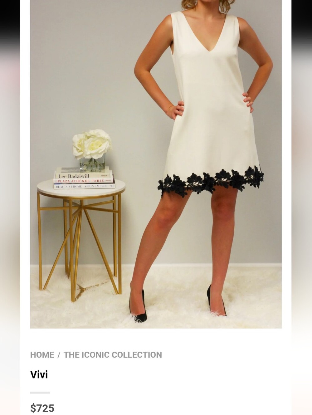 Vivi Cream V-Neck Mini Dress with Black Floral Hem
